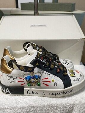 Dolce & Gabbana Kids White Sneakers with Black & Gold Accents